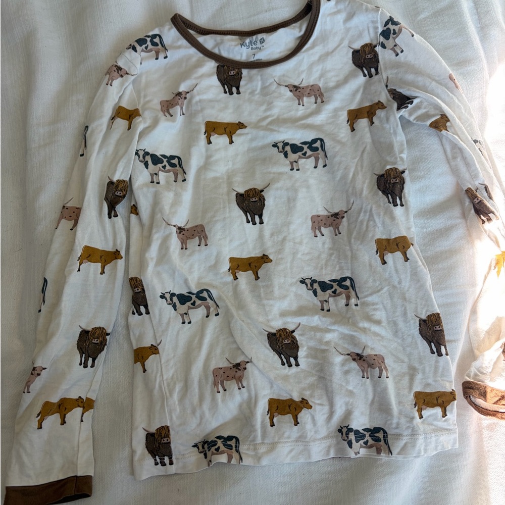 Kyte BABY White Long Sleeve Top with cow Print and Brown Trim